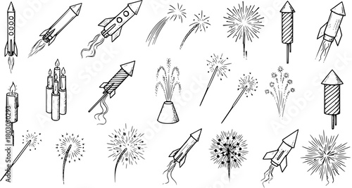 Hand-drawn Doodle Set of Fireworks, Rockets, Sparklers, and Candles. Collection of Celebration and Party Elements for New Year, Festivals, and Events.
