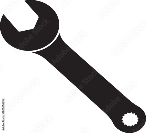 Black open end wrench tool icon on white background with angled perspective spanner hardware