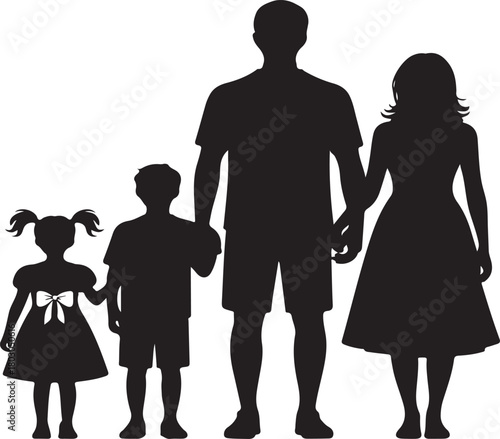 Black silhouette of a family holding hands father mother son daughter on white background