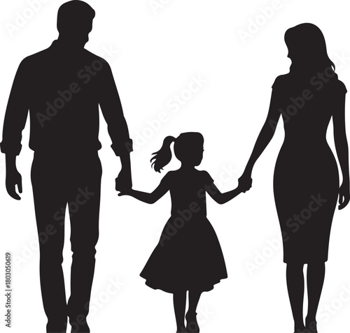Black silhouette of a family father mother and daughter holding hands walking together