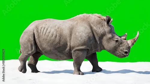 A powerful gray rhinoceros trudges through the white snow, isolated on a vibrant green screen for visual effects and creative projects