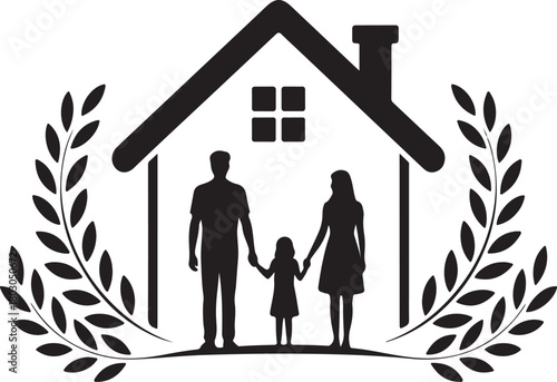 Black silhouette of a family holding hands inside a house emblem with laurel branches