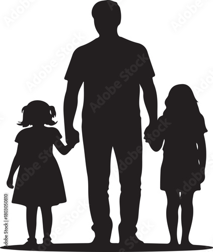 Black silhouette of a father holding hands with two young daughters walking together parent