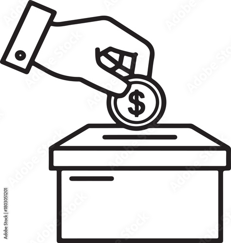 Hand dropping dollar coin into donation box with slot and dollar sign money