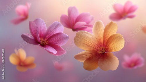 Delicate Pink and Orange Flowers Floating Gracefully Against a Soft Pastel Background in a Whimsical Dreamy Atmosphere for Nature Lovers
