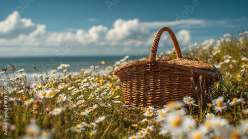 Fototapeta Naklejka Na Ścianę i Meble -  Wicker basket in sunny coastal meadow