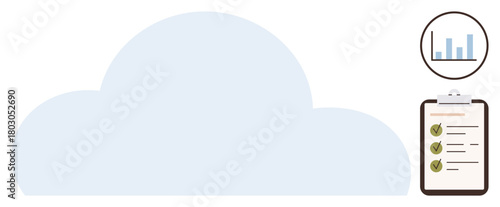 Cloud with overlayed bar chart and checklist clipboard. Ideal for data storage, analytics, organization, productivity, goal tracking, task delegation, simple flat metaphor