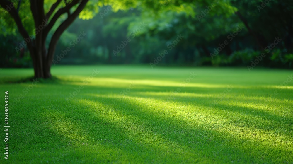 Obraz premium Tranquil Green Lawn Under Sunlight with Soft Shadows from Trees in a Serene Outdoor Setting for Relaxation and Nature Enthusiasts