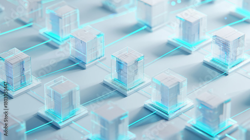 Illuminated interconnected blocks in a digital grid, illustrating secure data exchange and the complex IT infrastructure that forms the backbone of modern technology
