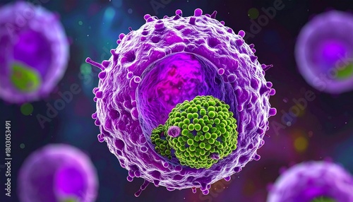 A close-up view shows a cytotoxic T cell, an immune cell that targets infected or cancerous cells with lethal