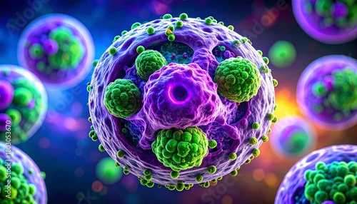 The image shows cytotoxic T cells and targeted cells, exhibiting a detailed cellular interaction in vibrant