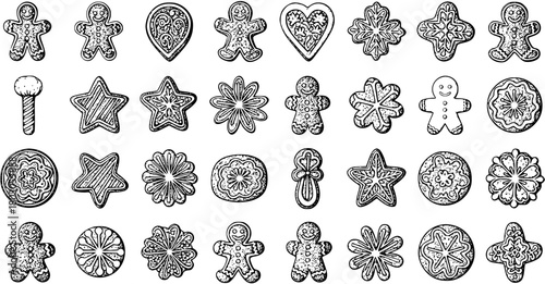 Hand-drawn vintage gingerbread cookies set. Christmas holiday baked goods collection, black and white illustrations of various festive shapes like men, stars, hearts, and snowflakes.
