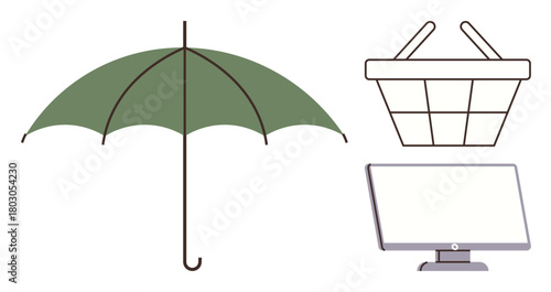 Green umbrella, outlined shopping basket, and flat computer screen. Ideal for technology, e-commerce, protection, shopping, online marketing digital services risk management. Simple flat metaphor