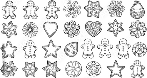 Detailed Set of Christmas Gingerbread Cookie Outlines - Stars, Hearts, Snowflakes, and Gingerbread Men Line Art for Holiday Coloring Books and Craft Designs.