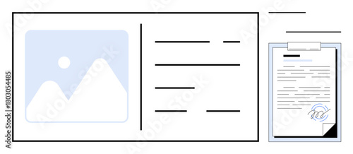 Layout with image preview, text details, and a signed document on a clipboard. Ideal for contracts, workflow, digital signatures, communication, business forms digital agreements paperwork. Simple