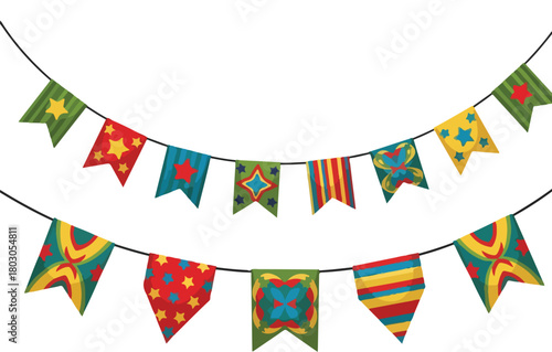Colorful paper banner with various shapes and patterns hanging against a clean white background, conveying a happy holidays mood with festive decorations.