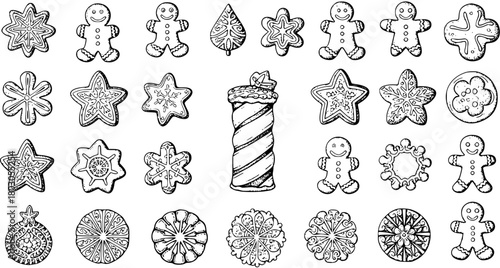 Hand-drawn Christmas Cookies Line Art Set: Gingerbread Men, Stars, Snowflakes, and Festive Shapes - Black and White Holiday Bake Illustrations