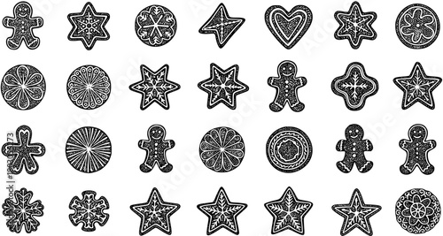 Black  White Christmas Gingerbread Cookies Assortment. Festive holiday season collection with stars, snowflakes, gingerbread men, and heart designs.