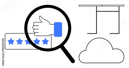 Magnifying glass over a thumbs-up with star ratings, a cloud icon, and a sleek desk represent analysis, feedback, cloud computing, productivity, digital tools, customer satisfaction, and minimalism