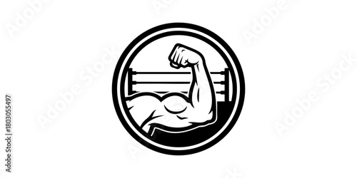A black and white vector emblem of a powerful muscular arm flexing a bicep within a circular frame representing a boxing ring, a prime icon for fitness and combat sports