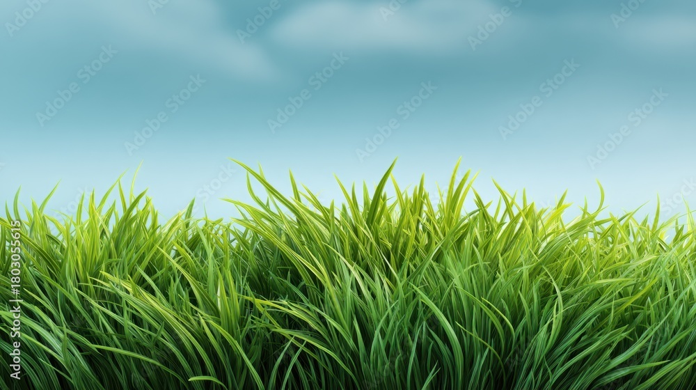 Fototapeta premium Lush Green Grass Against a Soft Blue Sky, Natural Landscape with Vibrant Vegetation and Calm Atmosphere for Outdoor and Nature Themes