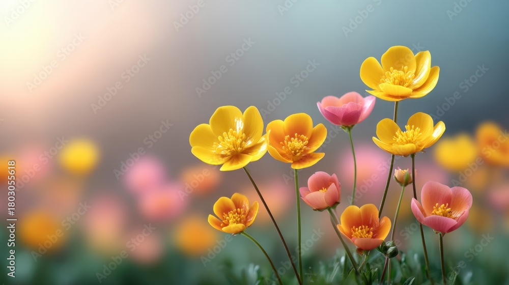 Fototapeta premium Vibrant Yellow and Pink Flowers in Bloom Against a Soft Pastel Background Highlighting the Beauty of Nature's Springtime Splendor