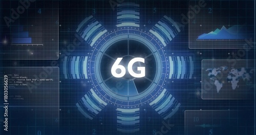 Displaying central circular HUD showing 6G in network UI, glowing rings and floating panels