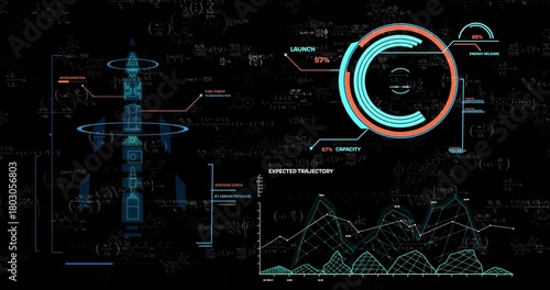 Displaying vertical rocket schematic on left in control HUD, 97% gauge, trajectory mesh, copy space