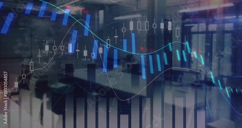 Displaying financial dashboard overlaying open-plan office interior, with candlestick chart, desks