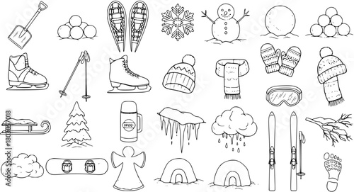 Winter Season Hand-drawn Doodle Icons Set - Snow, Sports  Cold Weather Elements Collection