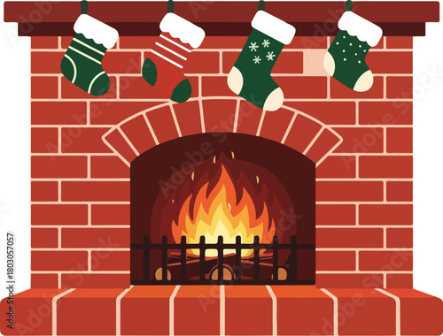 Illustration of a cozy fireplace with stockings hanging above, warmly lit with a brick surround and hearth, conveying a happy holidays mood