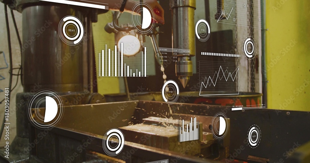 Fototapeta premium Cutting mill spindle driving endmill into vise block in shop, spraying coolant, ejecting chips, HUD