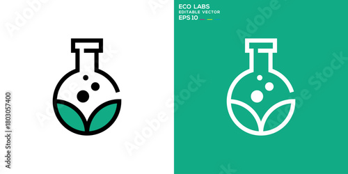 Nature lab logo. Laboratory, leaf, scientist, bottle, potion. Vector icon symbol design template EPS 10.