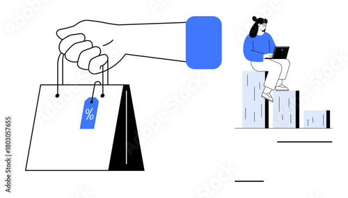 Hand carrying shopping bag with sale tag and woman working on laptop seated on bar graph. Ideal for retail, e-commerce, data analysis, sales growth, business strategy, marketing trends, consumer