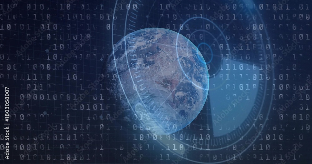 Fototapeta premium Showing clear blue Earth globe rotating in digital network view, with HUD rings and binary streams