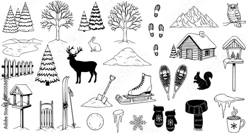 Hand-drawn Winter Season Doodles Collection: Trees, Animals, Cabins, Skates, Snow, and Cozy Elements Art Set