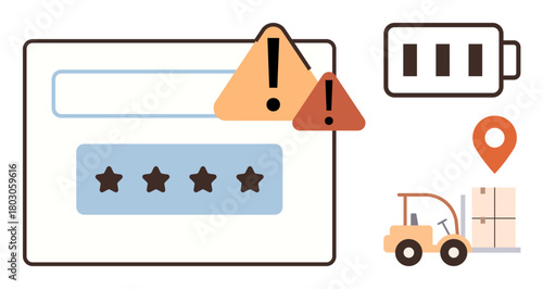 User interface with warning alerts, star ratings, low battery icon, forklift moving packages, and location pin. Ideal for logistics, delivery, supply chain, efficiency tracking reviews workflow