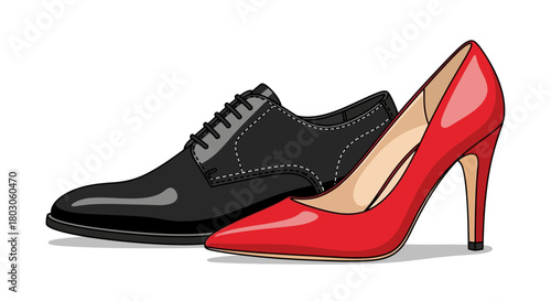 Black Leather Shoe and Red High Heel Pair