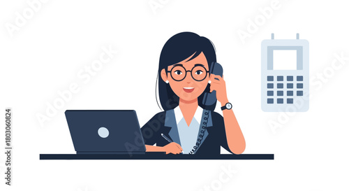 Businesswoman on Phone with Laptop and Calendar Illustration
