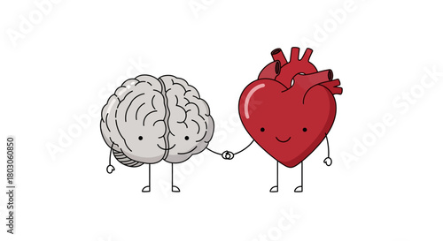 Cartoon Brain and Heart Holding Hands Illustration