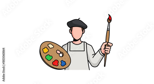 Cartoon artist character in a beret holding a colorful palette and paintbrush.
