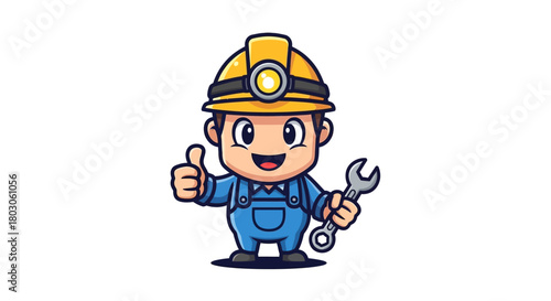 Cartoon Mechanic with Wrench and Hard Hat Giving Thumbs Up