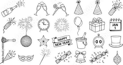 New Year's Eve Celebration Doodle Icons: Party, Fireworks, and Festivities