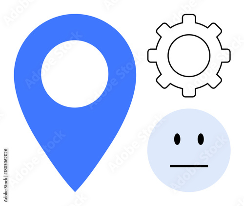 Blue location marker, gear, and neutral face convey concepts of navigation, process management, and emotion balance. Ideal for workflow, navigation, settings, emotions technology customer feedback