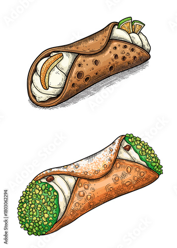 Vector set of Italian cannoli dessert for restaurant menu or pastry shop packaging design