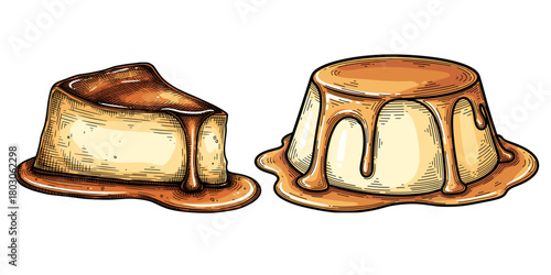 Vector sketch of Caramel flan dessert for restaurant menu or bakery product packaging