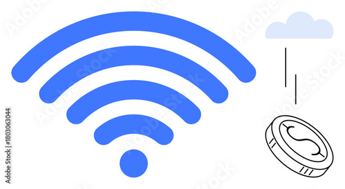 Large blue wireless signal, a falling coin with a dollar sign, and a cloud outline. Ideal for finance, technology, internet, connectivity, digital economy, wireless networks simple flat metaphor