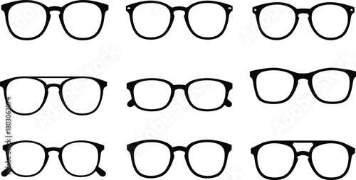 Eyeglass frame icon set, black silhouette glasses, optical fashion design, eyewear shape collection, stylish frame grid, minimal vision graphics