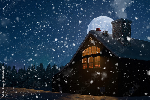Cozy cabin glows warmly on a snowy Christmas night. Presents rest near the chimney under a bright full moon. Winter wonderland night with a snow-covered cabin, glowing windows, and a chimney smoke