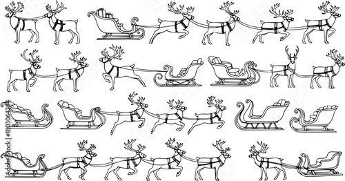 Hand-drawn Christmas Reindeer and Sleigh Vector Set. Various Santa's Sleighs and Reindeer in Different Poses, Black and White Holiday Illustrations.